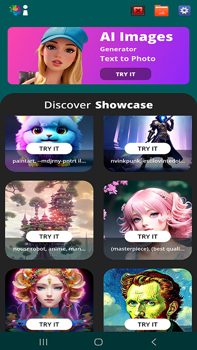 Aimages text prompt screen for creating AI art