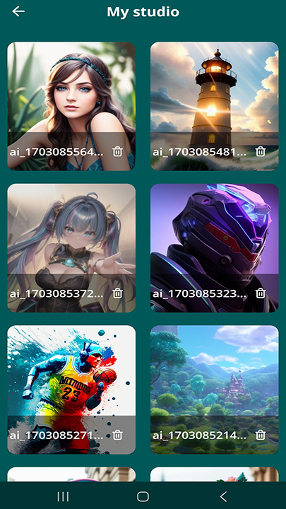 Aimages generated AI art result screen with save and share options